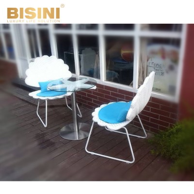 Seaside romantic style pearl shell shape dining table chair white PE rattan aluminum frame leisure chair coffee table set