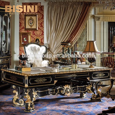 High End Classical French Baroque Style Solid Wood Carving Black and Gold Office Writing Desk BF12-04276b