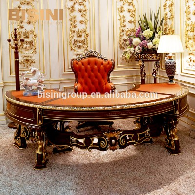 Luxurious Art Deco Baroque Style Solid Wood Carving Round Writing Desk with Leather Chair BF12-04276a