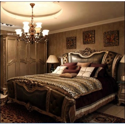 European style villa hotel luxury dark color leather bed set