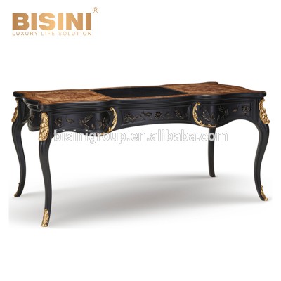 Luxurious French Neo Classical Black and Gold Carving Office Table with Handmade Veneer Table Top BF12-02156f